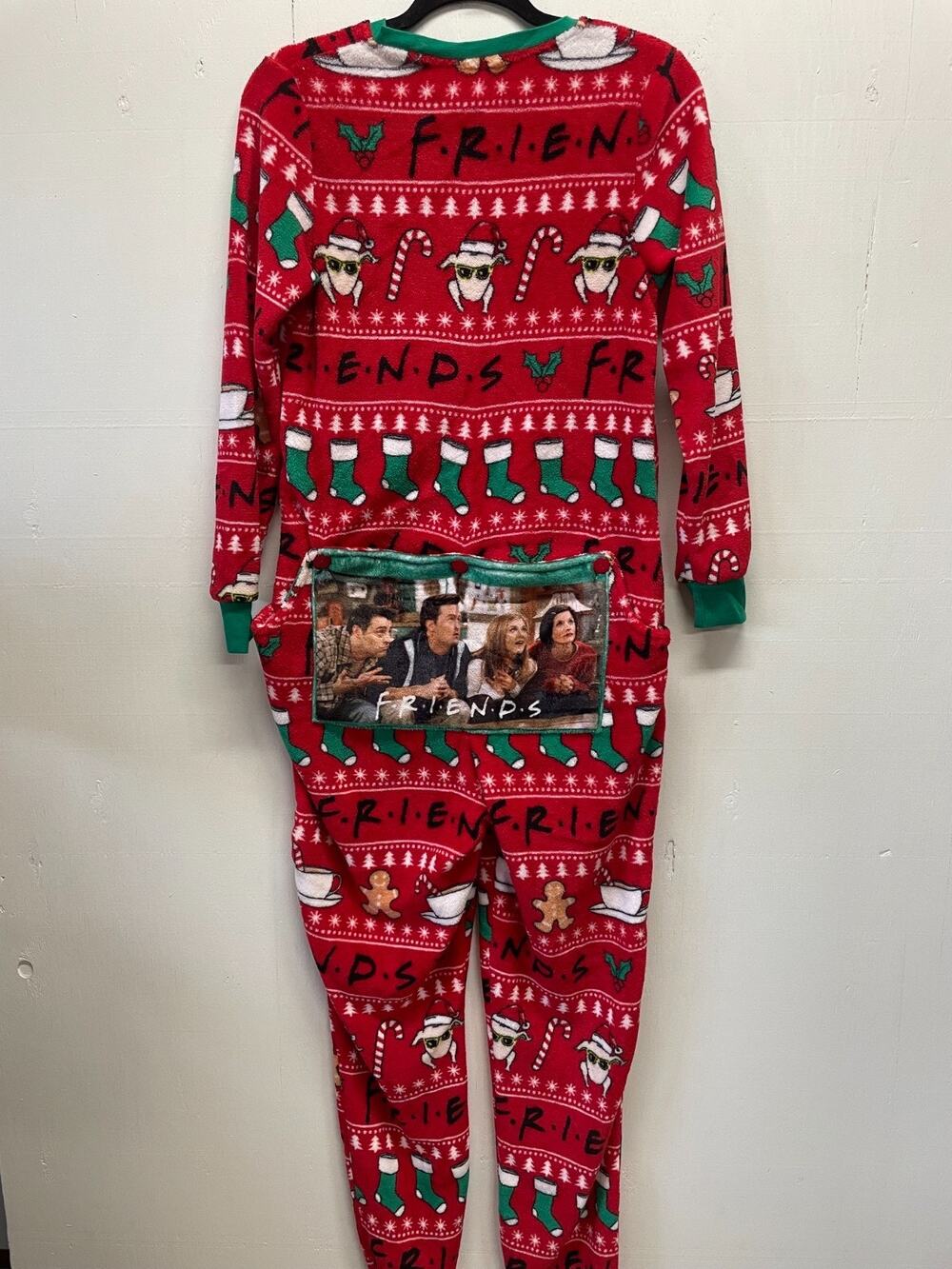 FRIENDS Christmas Red Fleece One-Piece Pajamas Womens Small Has Back Flap w/ Pic